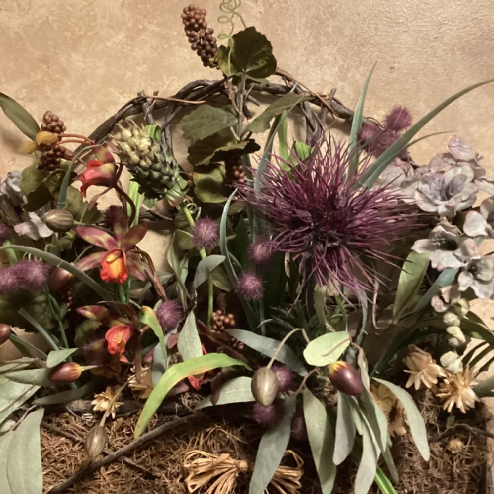 Grapevine Wall or Table Arch Basket w/ Red Purple Blue Green Florals and Raffia